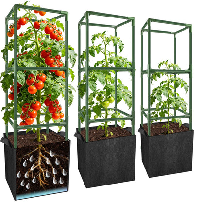 3 Set Square Tomato Cages with 18 Gallon Grow Bags, 49'' Tall Heavy Duty Steel Tomato Trellis Kit for Garden, Plant Support Tower Stakes Cucumber Pepper Trellis for Climbing Vegetable Flowers
