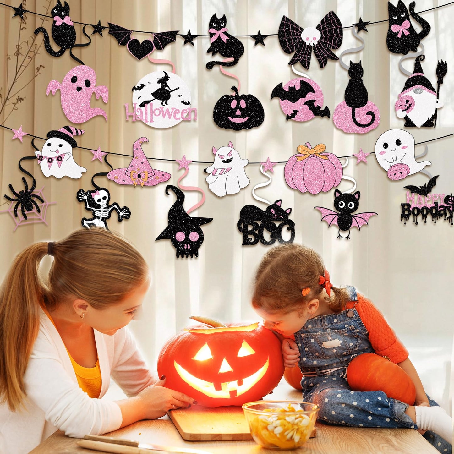 32 Piece Halloween Indoor Decoration Include 4 Banner Garlands and 12 Hanging Swirls Decora Pink Halloween Party Garland Hanging Decorations for Girls Home Mantel Wall and Window Decorations