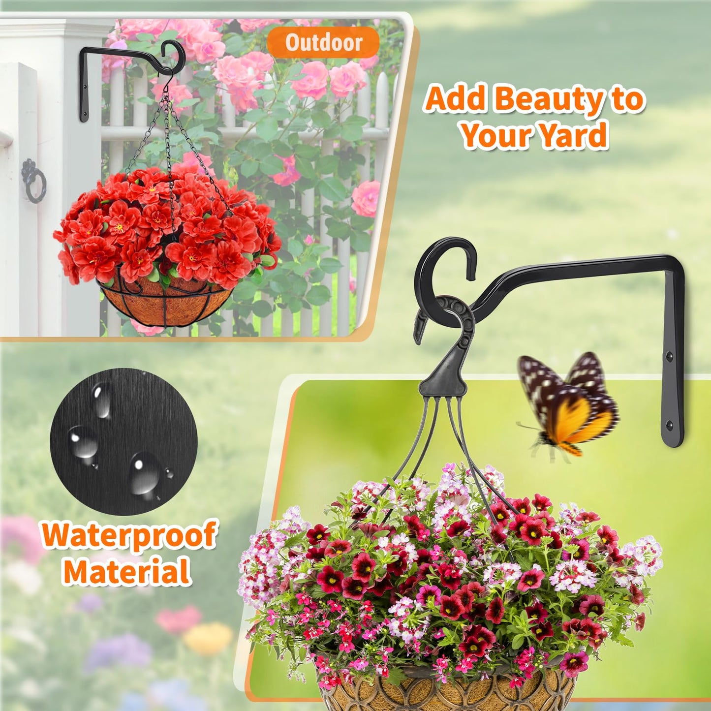 ROPCIA Plant Hangers Outdoor 4 Pack 10 Inch Metal Hanging Plant Bracket Metal Hanging Plant Hooks Indoor, Wall Hooks for Hanging Plants, Bird Feeder, Flower Basket, Wind Chimes Black (4PCS)