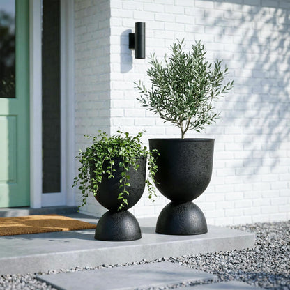 KOL Planters Flower Pots, Large Plastic Urn Planters for Indoor Outdoor Plants, Black Pedestal Planter 2 Pack, 18 Inch+23 Inch, Tall Decorative Planters with Drainage Holes & Plugs for Porch Garden