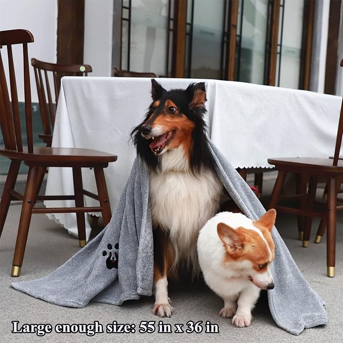 Dogvingpk Extra Large Dog Towel 2 Pack, Super Absorbent Soft Quick Drying Microfiber Pet Bath Towels for Large & Medium Dogs (XL-55" * 36", Green and Grey)