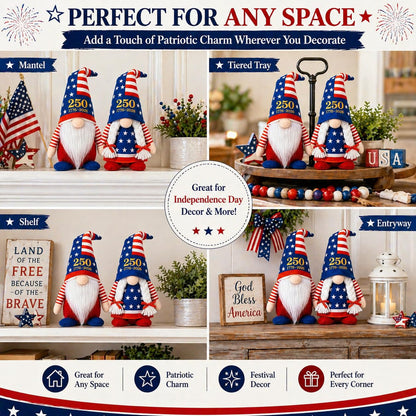 LEKSON 4th of July Decorations Patriotic Gnomes, 250 Anniversary USA Merchandise, Red White and Blue Independence Day Home Table Decor, 1776-2026 Indoor American Gnome Set of 2