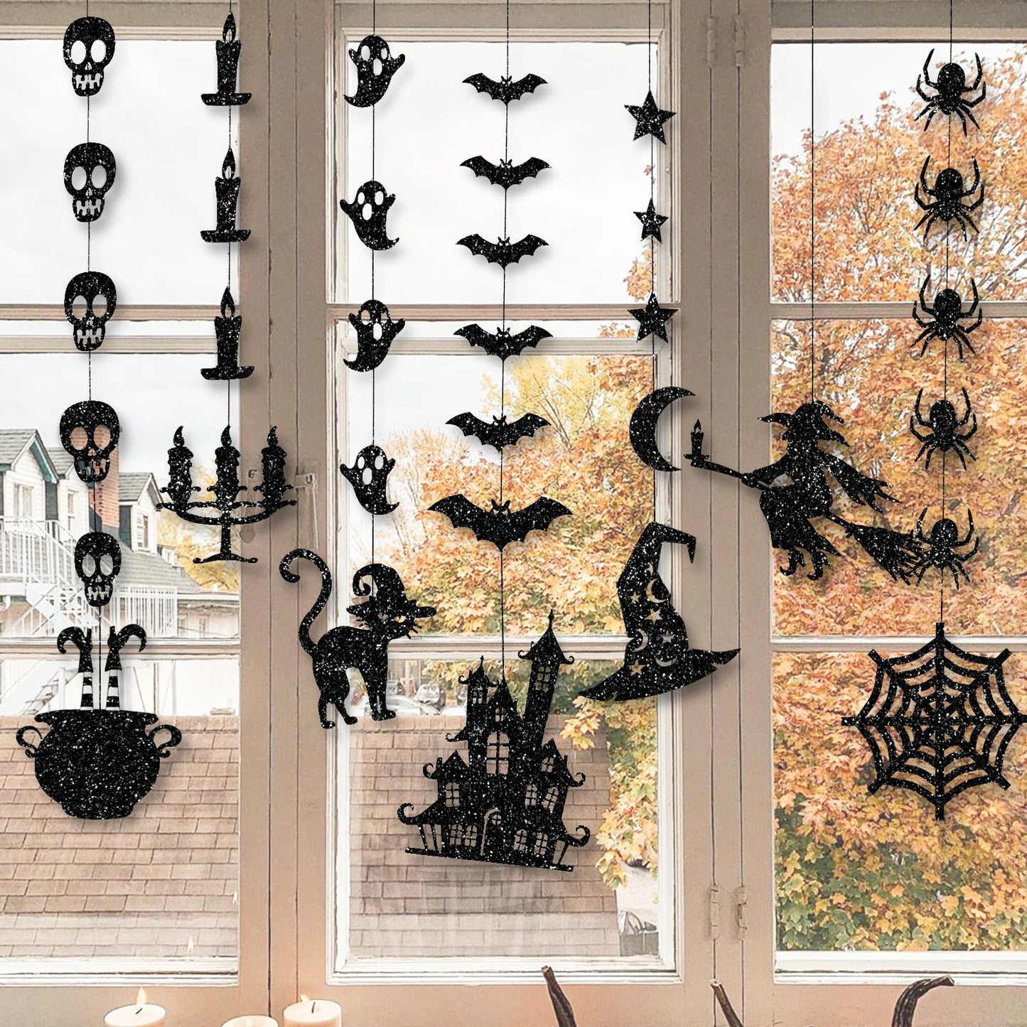 Glitter Black Halloween Hanging Banner Garland Decorations - Ghosts, Witches, Bats, Spiders, Haunted House, Cat and More - Indoor/Outdoor Party Supplies for Gothic Birthday, Home, Office, Classroom