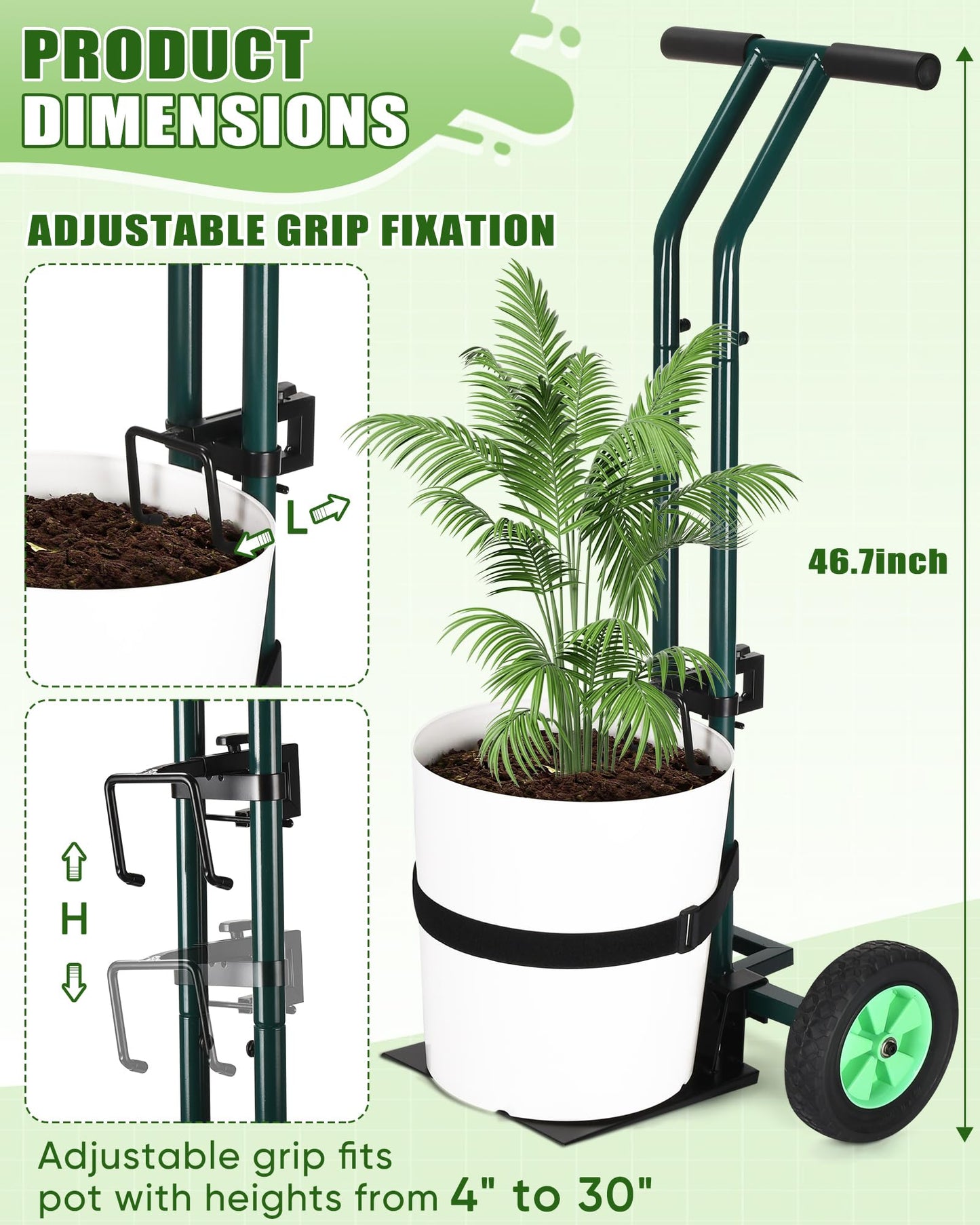 AugFir Plant Caddy with Wheels, 260LBS Rolling Plant Dolly Pot Mover with Adjustable Grabbing Arm and Suction Cups, Heavy Duty Garden Trolley Plant Cart with Strap for Indoor Outdoor Planters