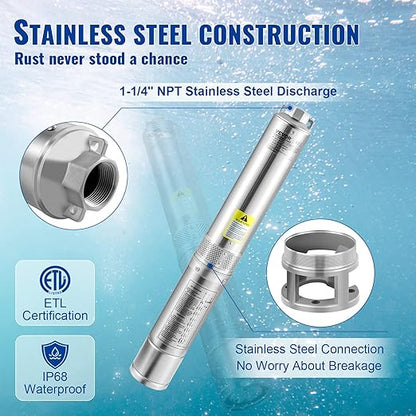 VEVOR Deep Well Submersible Pump, 2HP 230V/60Hz, 37GPM 427 ft Head, with 33 ft Cord & External Control Box, 4 inch Stainless Steel Water Pumps for Industrial, Irrigation and Home Use, IP68 Waterproof