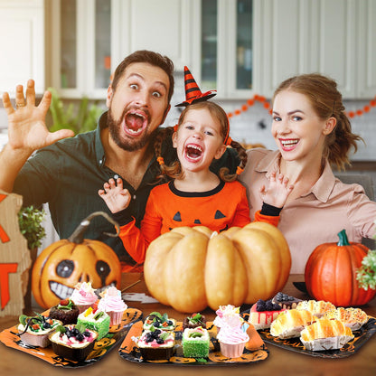 Maitys 12 Pcs Halloween Serving Trays 13 x 9 Inch Large Paper Food Trays Black Orange Pumpkin Bat Ghost Dessert Cupcake Platters for Halloween Movie Night Birthday Party Supplies Table Decorations