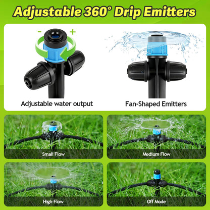 Copadri 26pcs Two-Way Drip Emitters Fan Shape with Stake for 1/4" Irrigation Tubing, Adjustable 360 Degree Water Flow Irrigation Vortex Sprayer Garden Irrigation Dripper for Watering System