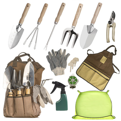 SMOOTHWIND 13-Piece Garden Tools Set with Tote Bag & Apron, Repotting Mat - Stainless Steel Heavy Duty Planting Kit, Ergonomic Non-Slip Handles - Gardening Gift for Women, Mom, Home Gardeners