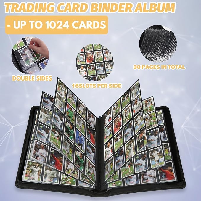 16 Pocket Ringless Side Loading Trading Card Binder, 1024 Cards PU Fixed Page Zipper Card Album for TCG Sports Game Cards, Not Fit Top Loaders (Blue)