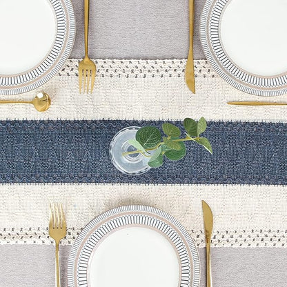 FEXIA Boho Blue Table Runner 108 Inches Long with Tassels Macrame Farmhouse Summer Style Graduation Party Rustic Wedding Baby Shower Dining Kitchen Living Room Decor (12x108 Inches)