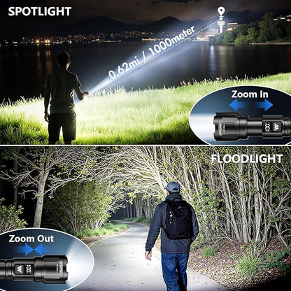 WdtPro Rechargeable Flashlights 2 Pack, Super Bright LED High Lumens Tactical Flash Light with LCD Battery Display, Zoomable 3 Modes, Powerful Handheld Flashlights for Home Emergencies Camping Outdoor