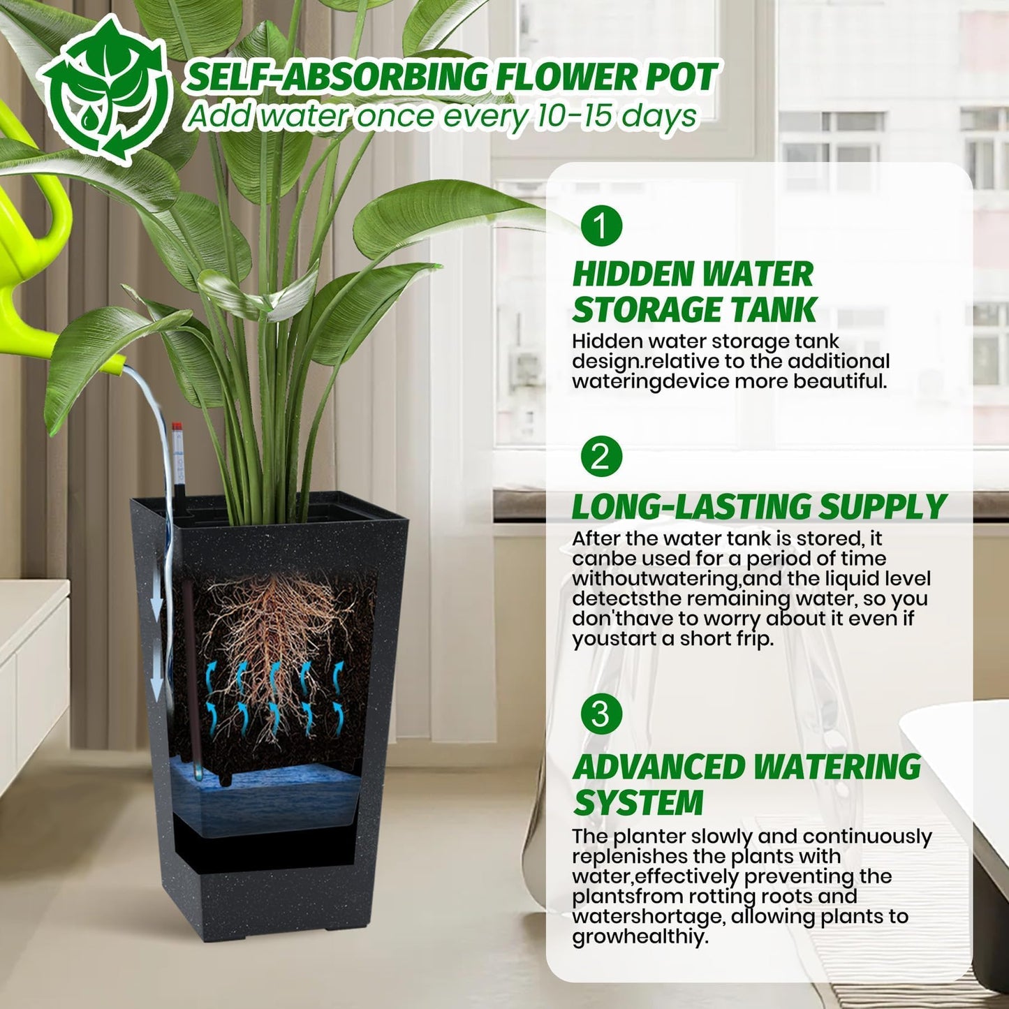 22 Inch Tall Planters Set of 2, Self-Watering Large Outdoor Indoor Planter Pots with Drainage Holes & Water Level Monitor, Planters with Inner Bucket and Movable Wheels for Patio, Front Porch, Garden