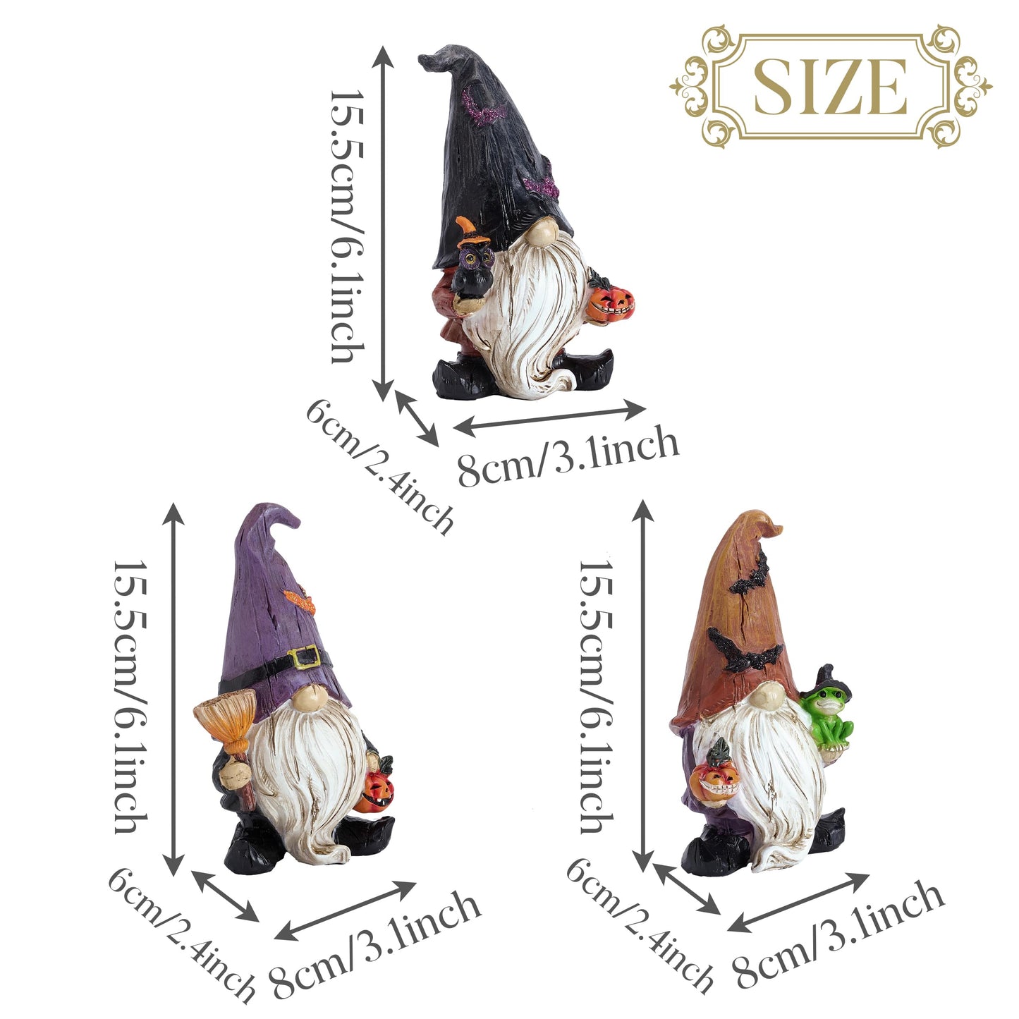 Valery Madelyn Gnomes Halloween Decorations Indoor, 3 Pcs Resin Gnome Decor for Home with Bat Witch Hat, Halloween Figurines Elf Dwarf with Broom Jack O Lantern for Table Tiered Tray Outdoor, 6.1"