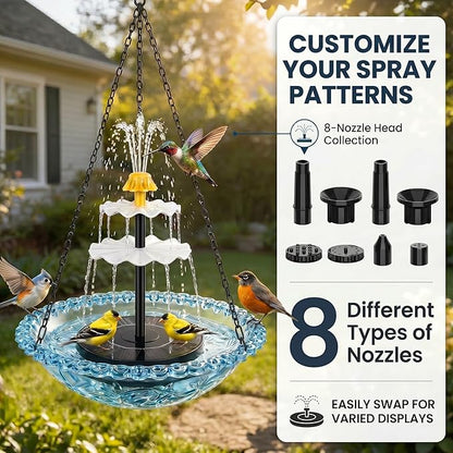 Solar Cascade Hanging Bird Bath Fountain, Solar Fountain Pump with 8 Nozzles, Hanging Bird Bath with Water for Outdoors Garden Patio Backyard Lawn Decor (Gray)