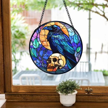 TNUW Black Raven Halloween Stained Glass Window Hanging, Gothic Skull Black Crow Sun Catchers Indoor Window Glass Round Wall Art Decor, Halloween Wall Hanging Decorations, 7.9＂x7.9＂