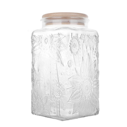 Custde Glass Storage Jars With Airtight Lid, 35oz Canister For Kitchen Counter with Bamboo Lid, brown sugar, candy, coffee, cookie, salt, tea,pantry cute Jar (Large Square Sunflower)