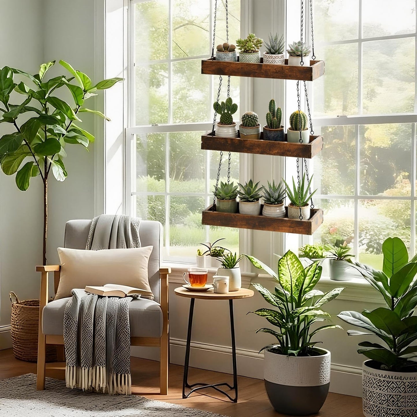 Otoolling 3 Tier 16" Hanging Window Plant Shelf Wood Frame Metal Chain Large Hanging Herb Planter Holder Indoor Display Floating Wall Flower Pot Organizer Storage for Herbs Microgreens Succulents