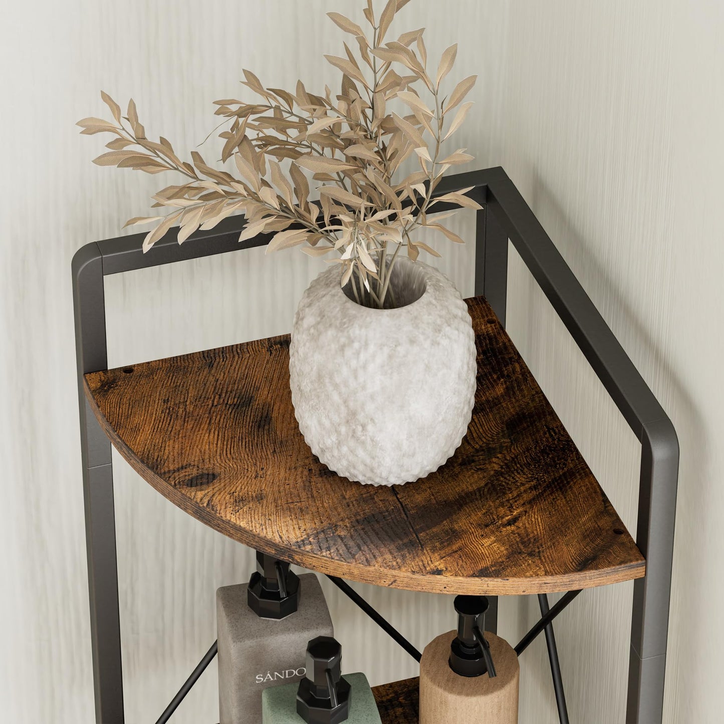 Cerlyunzan 5 Tier Corner Shelf Stand, 64" H Tall Industrial Corner Bookshelf for Living Room Decor, Metal Corner Shelf, Plant Stand Display Shelf for Bedroom, Bathroom, Small Space, Rustic Brown