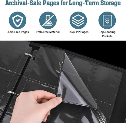 Trading Card Binder, 3-Ring Zippered for Standard 2.5"x3.5" TCG and Sports Cards, 9-Pocket Double-Sided Pages, 50 Sheets/900 Pockets, Acid-Free PVC-Free, PU Cover, Wrist Strap - Lake Art Design