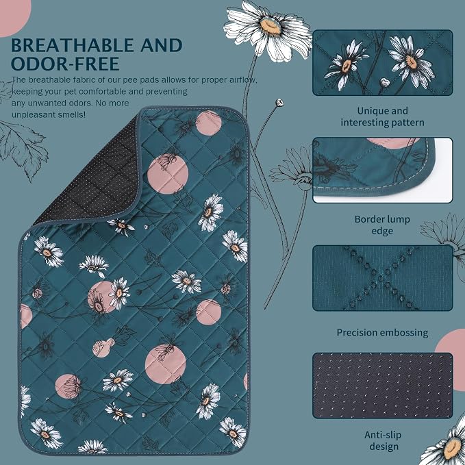 IEUUMLER Washable Pee Pads for Dogs, 2 Pack Non-Slip & Waterproof Pack Whelping Pad, Reusable Washable Puppy Potty Training Pad with Fast Absorbent for Playpen EU007 (Navy Blue Daisy, 36"X24"-2pcs)