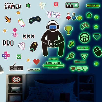 Glow in The Dark Gamer Wall Stickers, Game Controller Joystick Video Gaming Wall Decals, Boys Baby Kids Bedroom Playroom Room Decor Nursery