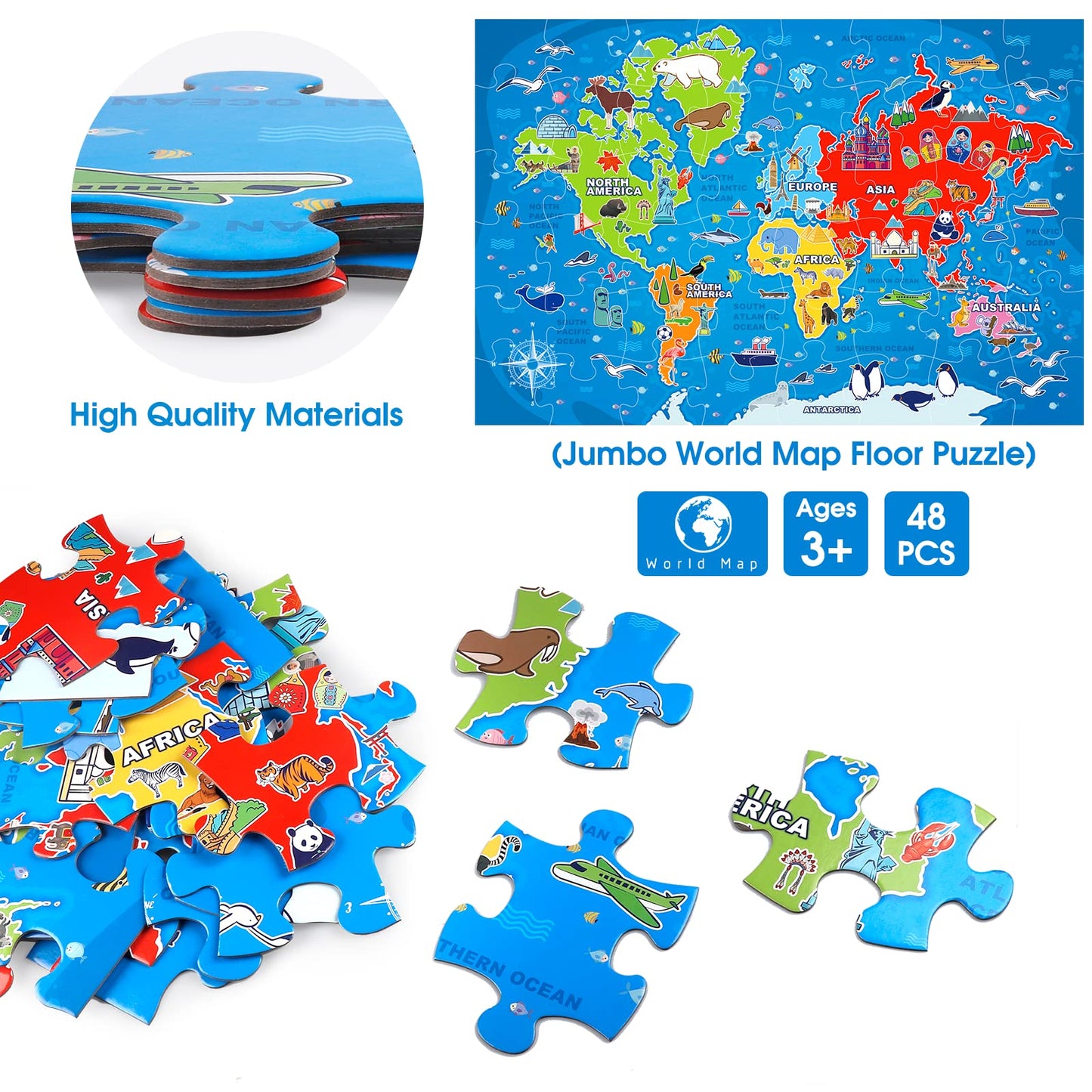 Jumbo Floor Puzzle for Kids,World Map Jigsaw Geography Puzzles,48 Piece Globe Atlas Puzzle with Continents,United States Puzzle for Ages 3-5,Preschool Learning Toys Easter Gift for 4-8 Years Old