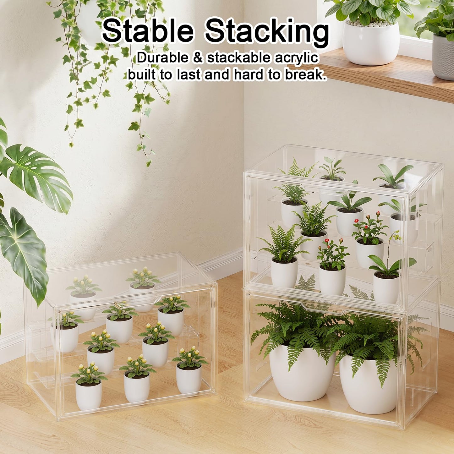 Clear Mini Indoor Greenhouse, Small Tabletop Portable Green House with Magnetic Door, Grow Light and Hygrometer, Stackable (Plants and Pots are not Included)