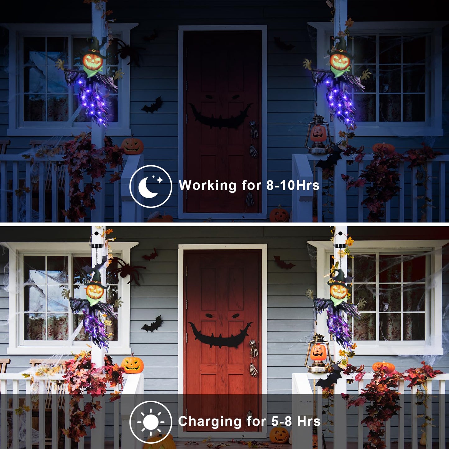 ILLUMINEW Solar Halloween Metal Hanging Decorations Outdoor, Solar Powered Lighted Metal Pumpkin with Glowing Eyes for Halloween Outdoor Tree, Wall, Porch, Patio Decor (Pumpkin-Purple)
