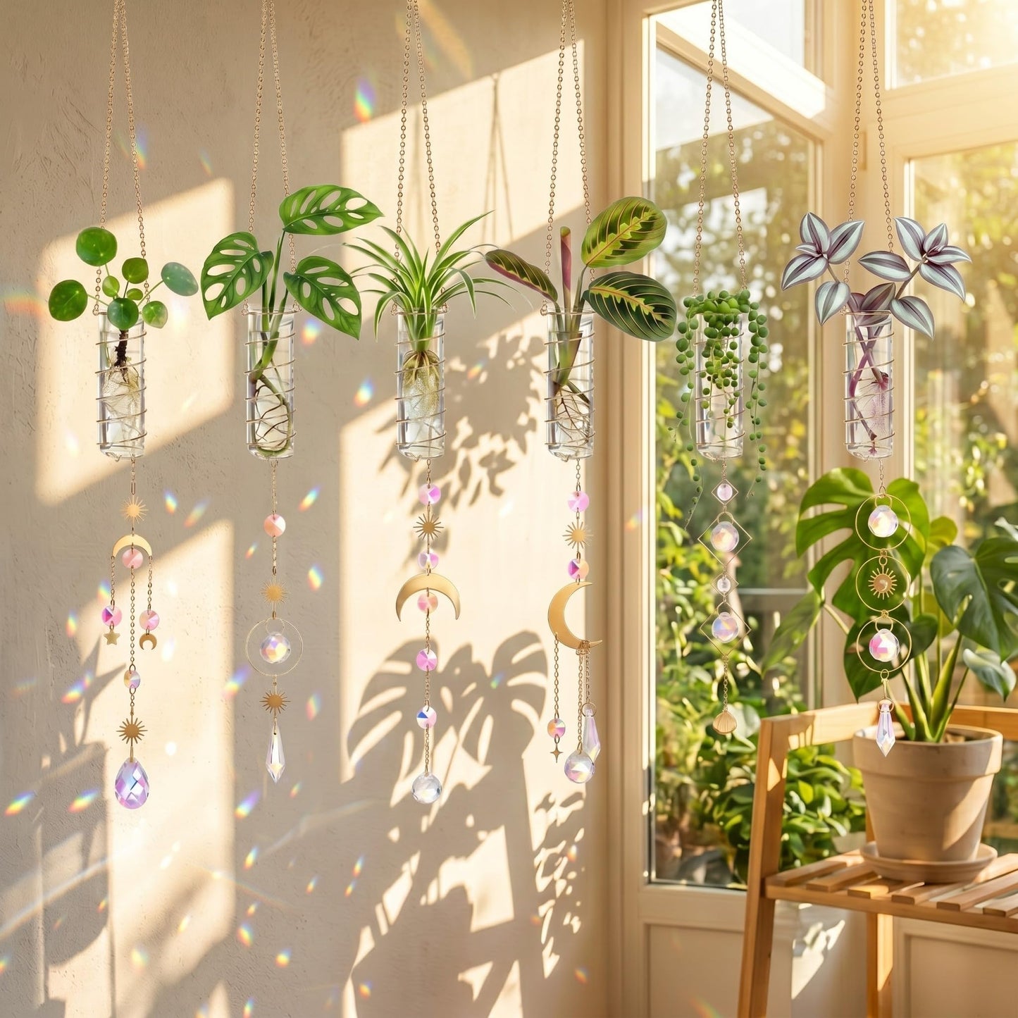 Ferrochef 6 Pcs Plant Propagation Station Colorful Crystal Suncatcher, Handmade Boho Rooting Vase, Hanging Window Plant Propagator Stations Suncatcher with Chain Pendant Ornament Balls