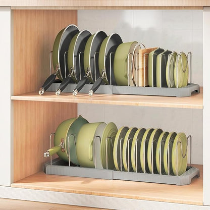 Pots and Pans Organizer for under Cabinet, Pan Pot Organizers inside Cabinet, Expandable Organizer with 12 Adjustable Dividers for Cookie Sheets, Cutting Boards, Pot Lids, Cookware - Pan Rack, Grey