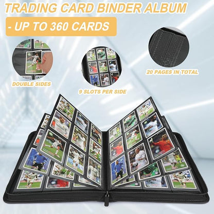 360 Cards Ringless 9-Pocket Side Loading Trading Card Binder, PU Zipper Fixed Page Card Album for TCG Sports Cards, Not Fit Top Loaders (Carbon Black)