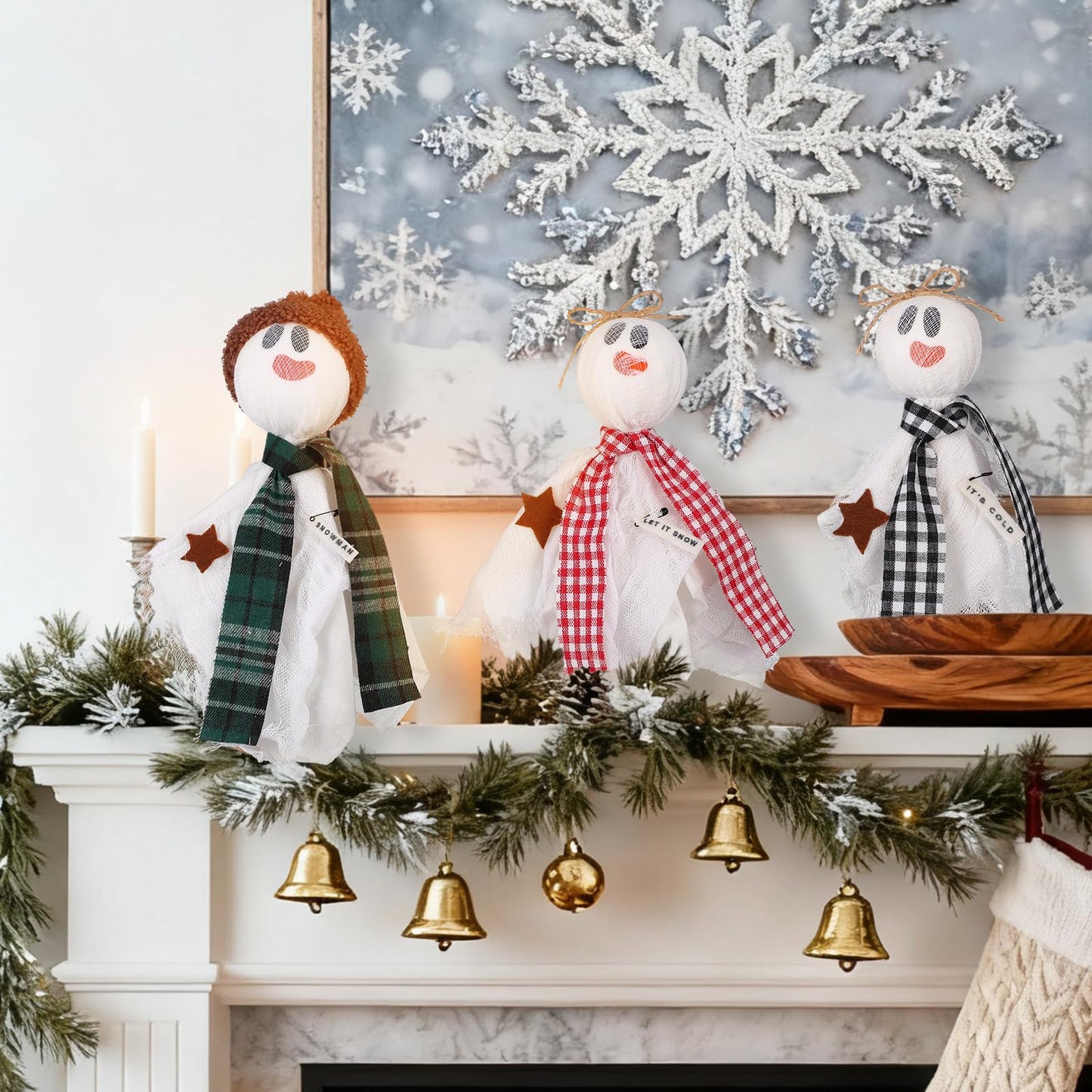 SmoothNovelty 3 Pcs Christmas Snowman Decoration Let It Snow Snowman Ghost Table Centerpiece Winter Snow Man Figurine Wooden Tabletop Decor for Xmas Home Party Favor Gift