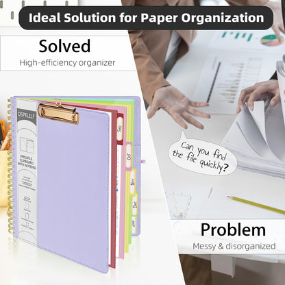Ospelelf Foldable Spiral Clipboard Folio with Storage Zipper Pouch, 5 Plastic Folders with 10 Pockets, Refillable Lined Notepad (11" x 8.5"), Linen Hardcover Project Organizer (Light Purple)