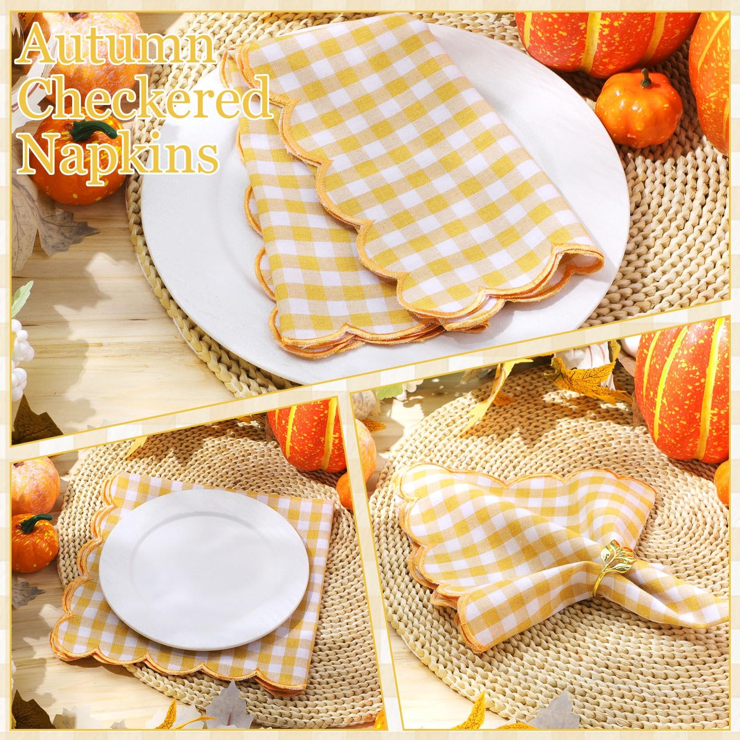 SmoothNovelty 12 Pack Buffalo Plaid Cloth Napkins 18x18 Inch Checkered Cloth Napkins Scalloped Soft Cotton Table Mat Washable Reusable for Dinner Wedding Holiday Birthday Parties (Classic,Yellow)