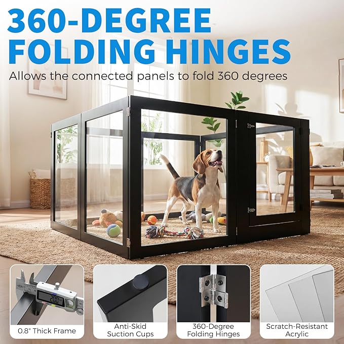Heavy Duty Clear Acrylic Dog Playpen for Small/Medium Pets – 32" High Clear Pet Pen with Sturdy Metal Frame, Walk-in Kennel, Expandable Indoor & Outdoor Pet Play Yard (Black, 8 Panels Including Door)