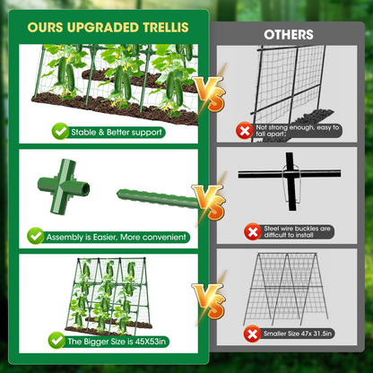 51" x 53" Cucumber Trellis for Raised Bed, A-Frame Garden Trellis for Climbing Plants Outdoor, Rust-Proof Metal Support for Tomato, Peas, Beans, Zucchini & Vines, with Netting & Clips