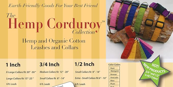 The Good Dog Company- Hemp Corduroy SIX FT Dog LEASHES Available in 9 Colors (Rust, Marigold, Bronze, Avocado, Blue, Plum, Pink, Red, Black) Sold in 1”, ¾”, ½” Widths (3/4 Inch Width, Blue)