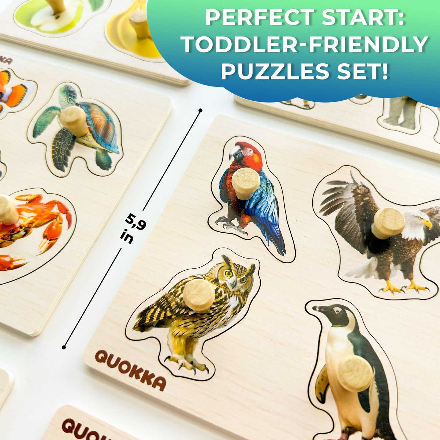 QUOKKA Wooden Puzzles for Toddlers 1-3 – 6 Pegged Puzzles for Kids Ages 2-4 – Animal and Fruits Learning Toy for Kids – Gift Realistic Educational Game for Boy and Girl