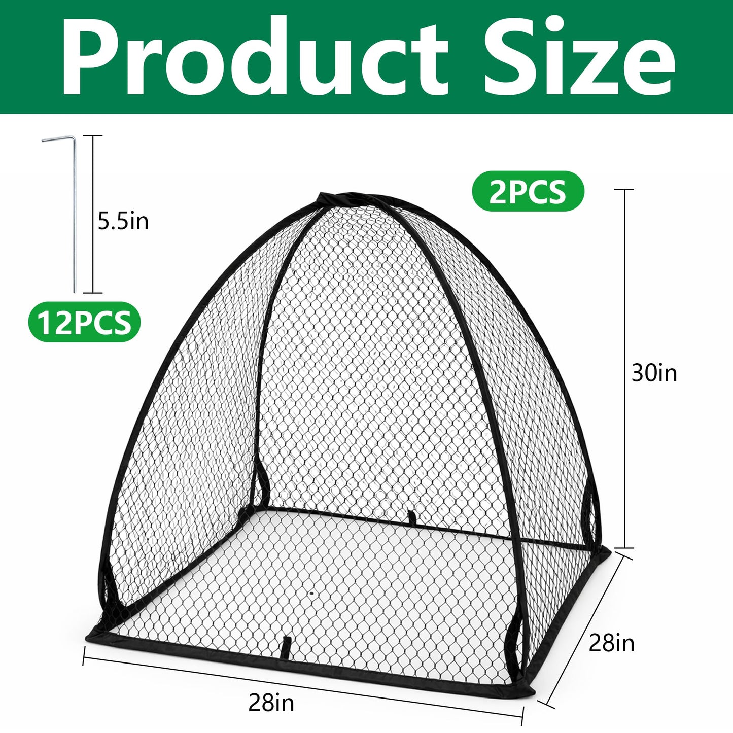 DECOHS 2 Pcs Pop-Up Mesh Plant Cover Tent, 30 x 28 x 28 Inch Garden Net Cage Guard Cover, Plant Protector Enclosure with 12 Ground Stakes for Protecting Plants Vegetable Fruit from Birds Insects