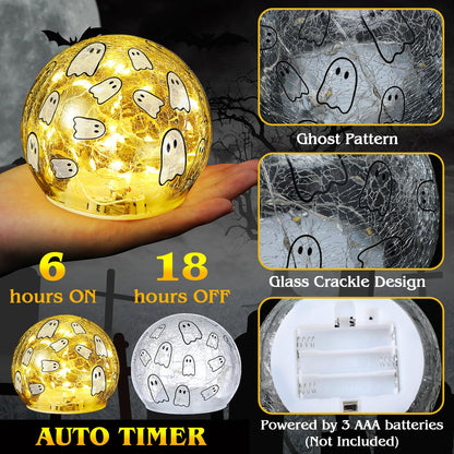 Tujoe 2 Pcs Halloween Decorations Indoor 4" Ghost Crackle Glass Globe Ball Lamp Night Lights with LED Timer Battery Operated Lighted Decorative Tabletop Decor for Table Home Centerpiece Party Gift