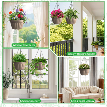 FGstyle 6 Pack Hanging Planters 8 Inch, Self Watering Pots for Indoor Plants, Plastic Hanging Basket with Soil Elevator and 20" Chain for Home Garden Porch Balcony Patio Decor (Beige)
