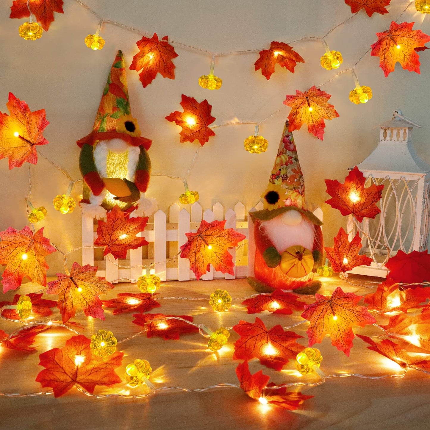 2 Pack & Timer - Fall Garland with Pumpkin Lights Fall Decorations for Home Total 60LED 20Ft Enlarged Maples Leaves Fall Lights Battery Operated Halloween Thanksgiving Christmas Decor Wedding Party