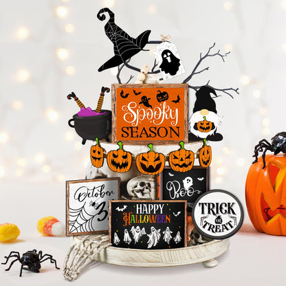 14 Pcs Halloween Tiered Tray Decor Set Cute Halloween Wooden Signs Rustic Pumpkin Farmhouse Gnomes Boo Wizard Trick or Treat Blocks Table Sign for Party Favors