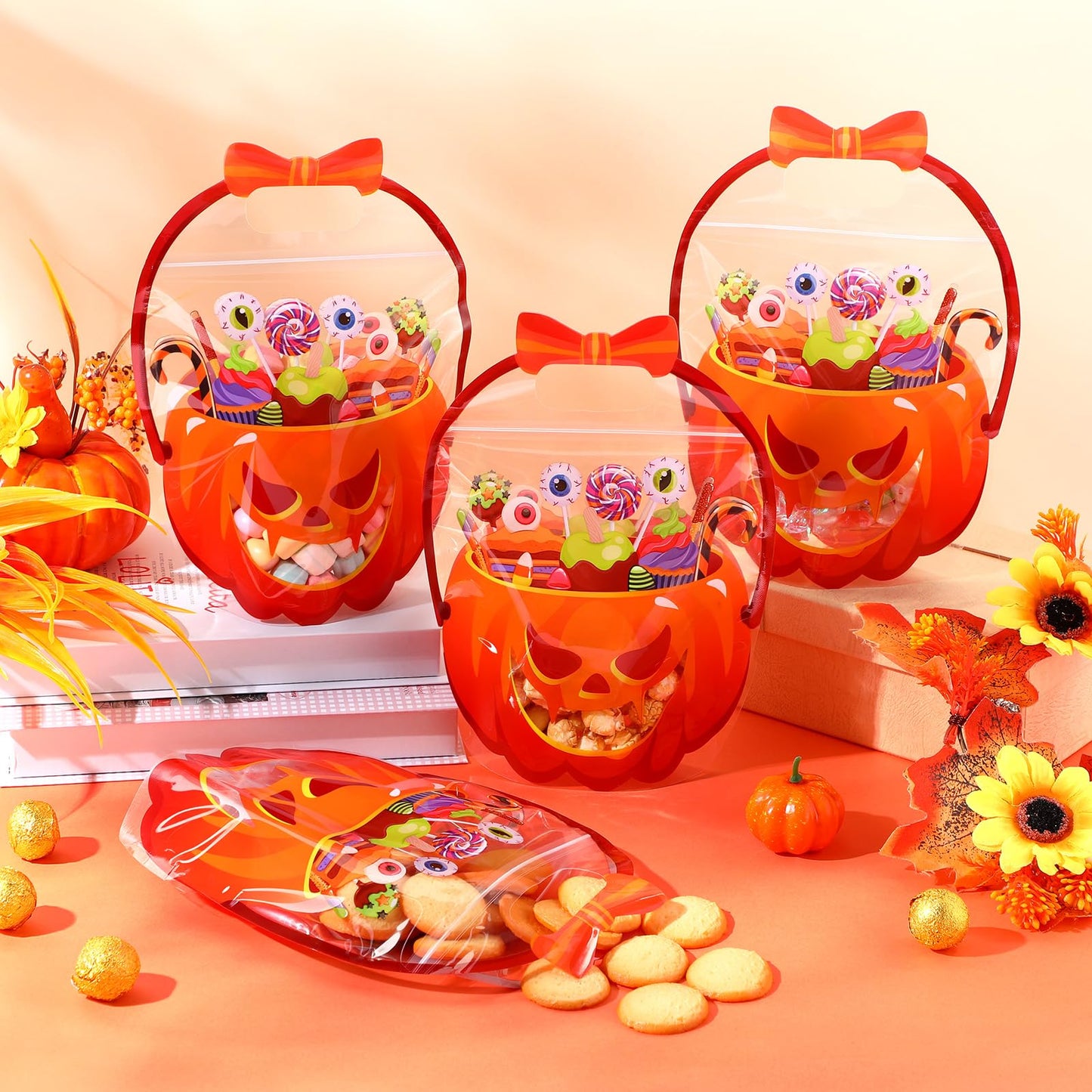 Fuutreo 36 Pcs Halloween Bags Plastic Halloween Goodie Bags with Handles Scary Holiday Sealed Pouch Sealing Pumpkin Treat Candy Pouch for Scary Holiday Party Candy Gift Supplies Decoration(Pumpkin)