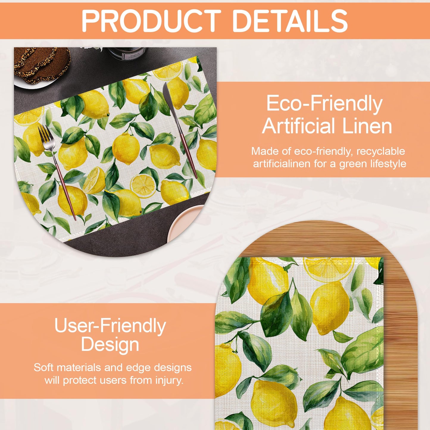 Lemon Placemat Set of 6,Heat Resistant Linen Table Mats for Indoor Outdoor Home Kitchen Dining Room Table 12x18Inch