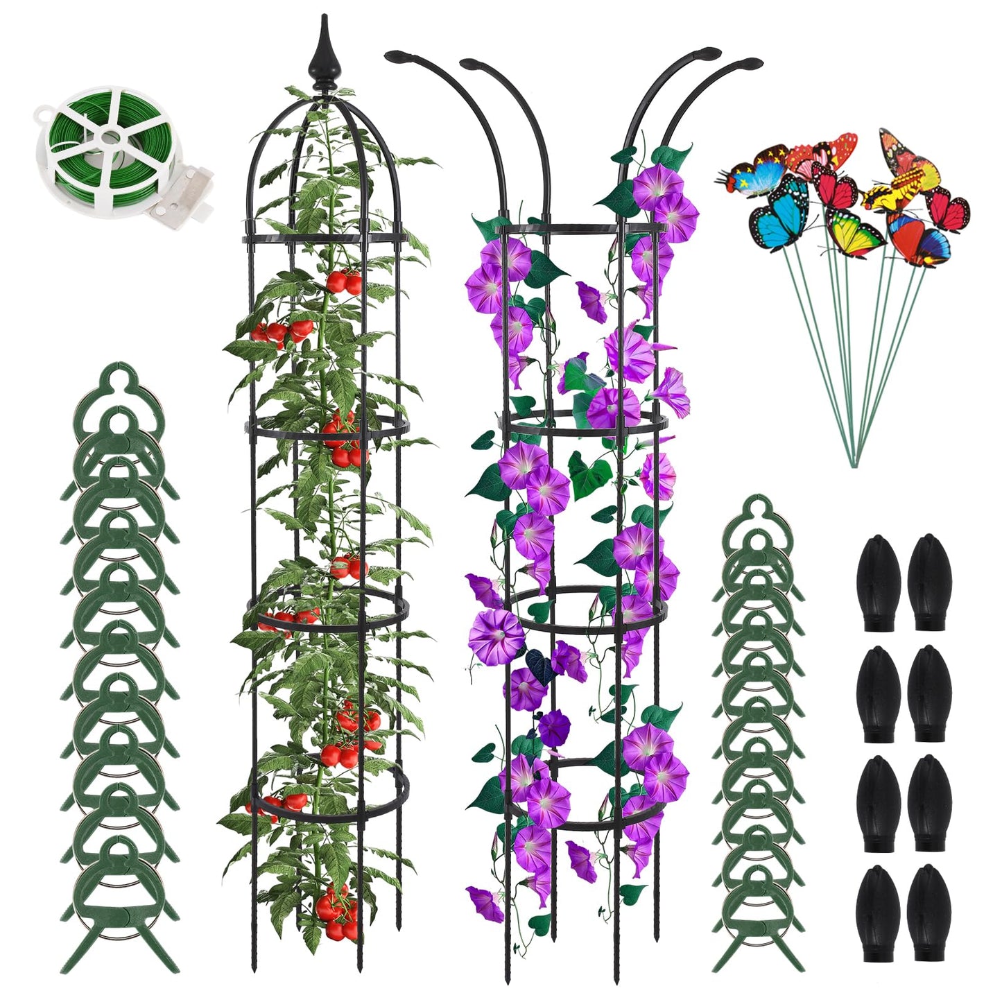 WellSign Obelisk Trellis for Climbing Plants Outdoor 6.6ft, Garden Tower Trellis for Potted Plants Indoor with Twist Tie, Clips and Butterflies Rustproof Coated Metal Support for Vines Rose 2Pack