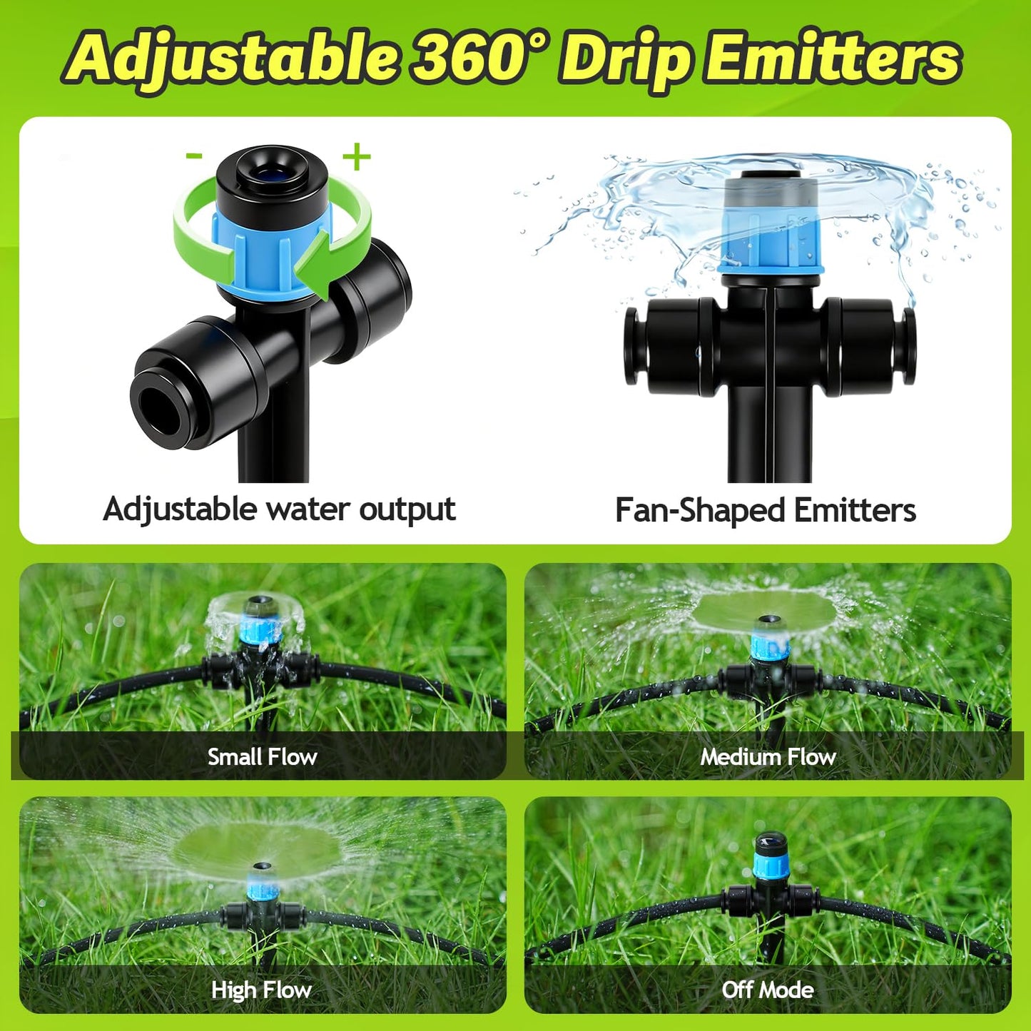 Copadri 20 Pack Two-Way Quick Connect Drip Emitters Fan Shape with Stake for 1/4" Irrigation Tubing, Adjustable 360 Degree Water Flow Irrigation Vortex Sprayer for Garden Watering System