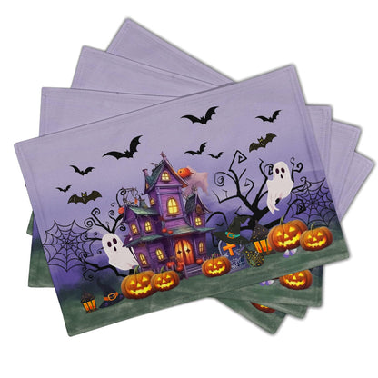 Khope Halloween Placemats Set of 4 Spider Web Pumpkin Purple Rustic Holiday Washable Heat Resistant Rectangle Dinner Mats for Party Kitchen Dining Decoration 12x18 Inch