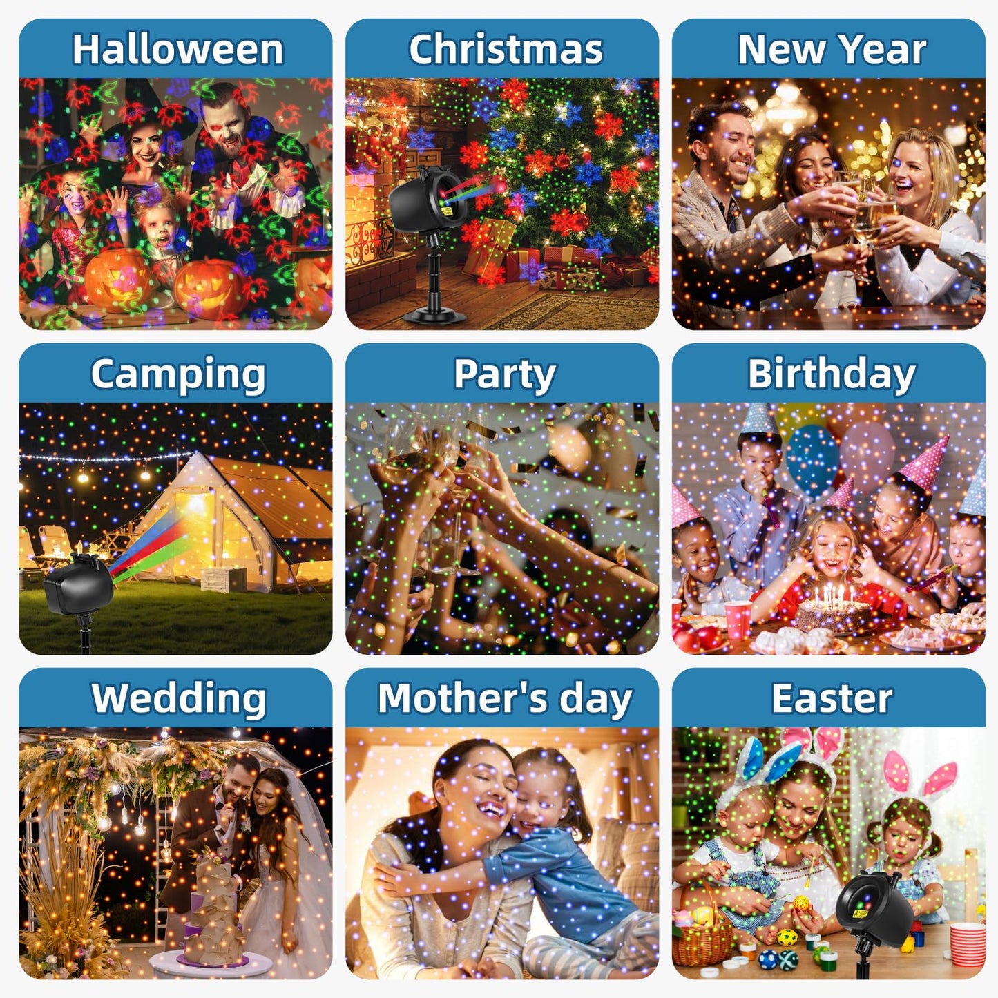 Outdoor Laser Projector Lights, RGB Firefly Light Show for Backyard Parties & Gatherings, IP65 Waterproof, 270° Adjustable, 10 Color Modes + 3 Changeable Holiday Cards(Halloween/Snowflake/Christmas)