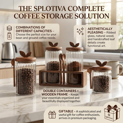 Splotiva Glass Coffee Canister with Wooden Lid & Spoon, Airtight Food Storage Jar for Coffee, Sugar, Salt, Tea & Snacks (17floz x 2)